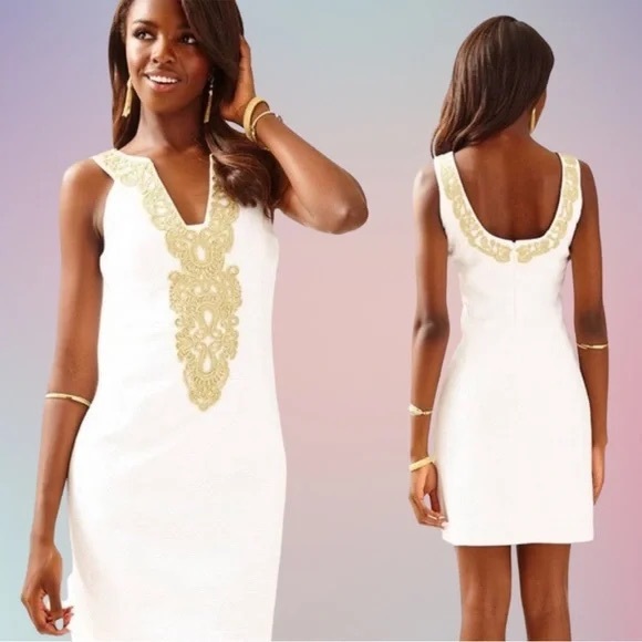 Lilly Pulitzer white Suzette sleeveless dress with gold lamé accents sz 6 - Picture 2 of 13